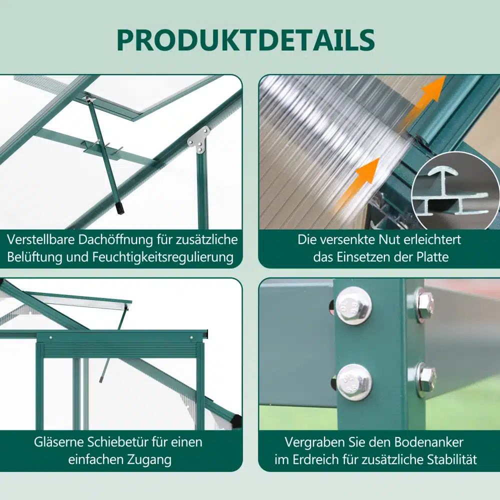 Rohelise metallkarkassi ja lükanduksega kasvuhoone detailid, reguleeritava katuseluugi ja kinnitusdetailidega