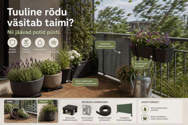 Tuuline rõdu väsitab taimi? Nii jäävad potid püsti | E-pood Tootemaailm Tuulisel rõdul kindlalt paigutatud taimepotid ja rõdukastid