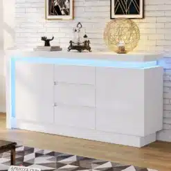 Valge läikiv LED-valgustusega kapp sahtlite ja ustega elutuppa