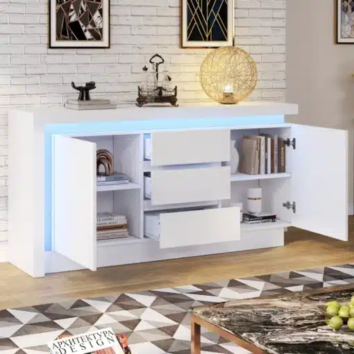 Valge modernne kummuti- või TV-alus avatud ustega ja kolme sahtliga