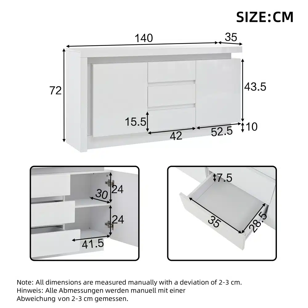 Valge kapp mõõtudega 140 × 72 × 35 cm, sahtlite ja riiulitega ning avatud uksega sisemus