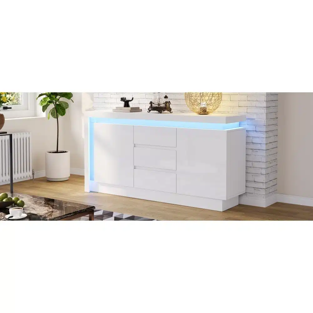 Valge modernne LED-valgustusega puhvetkapp elutuppa, sahtlite ja ustega