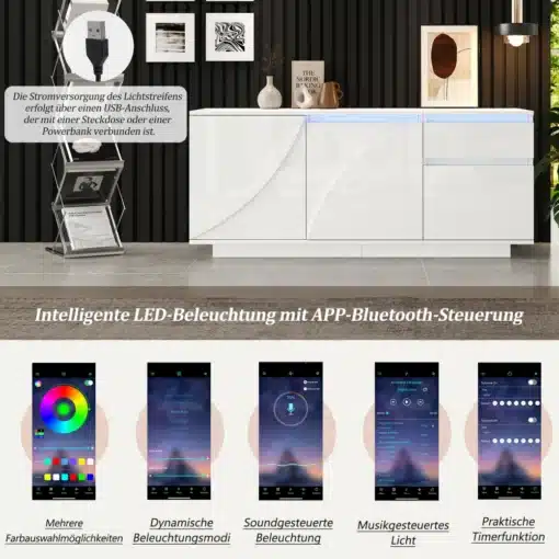 Valge puhvetkapp integreeritud LED-valgustusega ja nutitelefoni kaudu juhitav valgustuse äpp kuvad.
