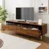 Puidust ja klaasist TV-alus LED valgustusega 180x40x50 cm | E-pood Tootemaailm Puidutooni TV alus klaasist ukseosadega elutuppa