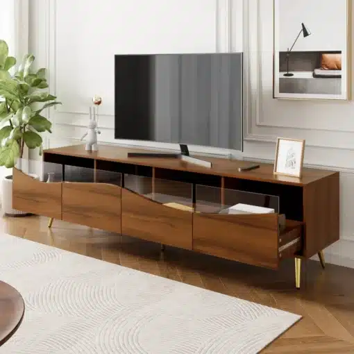 Puidust ja klaasist TV-alus LED valgustusega 180x40x50 cm | E-pood Tootemaailm Puidutooni TV alus klaasist ukseosadega elutuppa
