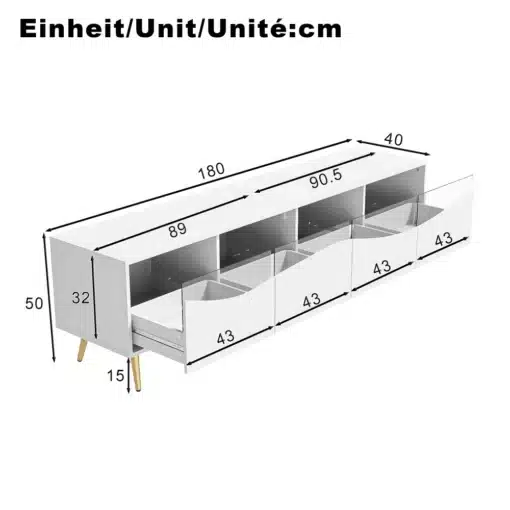 Puidust ja klaasist TV-alus LED valgustusega 180x40x50 cm | E-pood Tootemaailm Valge madal TV-alus või kummut mõõtudega 180 × 40 × 50 cm, kolme sahtli ja avatud riiulitega