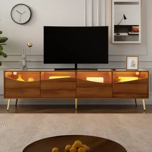 Puidust ja klaasist TV-alus LED valgustusega 180x40x50 cm | E-pood Tootemaailm Puitviimistlusega telerialus klaasdetailide ja valgustusega, must televiisor peal