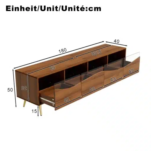 Puidust ja klaasist TV-alus LED valgustusega 180x40x50 cm | E-pood Tootemaailm Puidutooni madal TV-kapp, mõõdud 180 x 40 x 50 cm, nelja esisahtliga