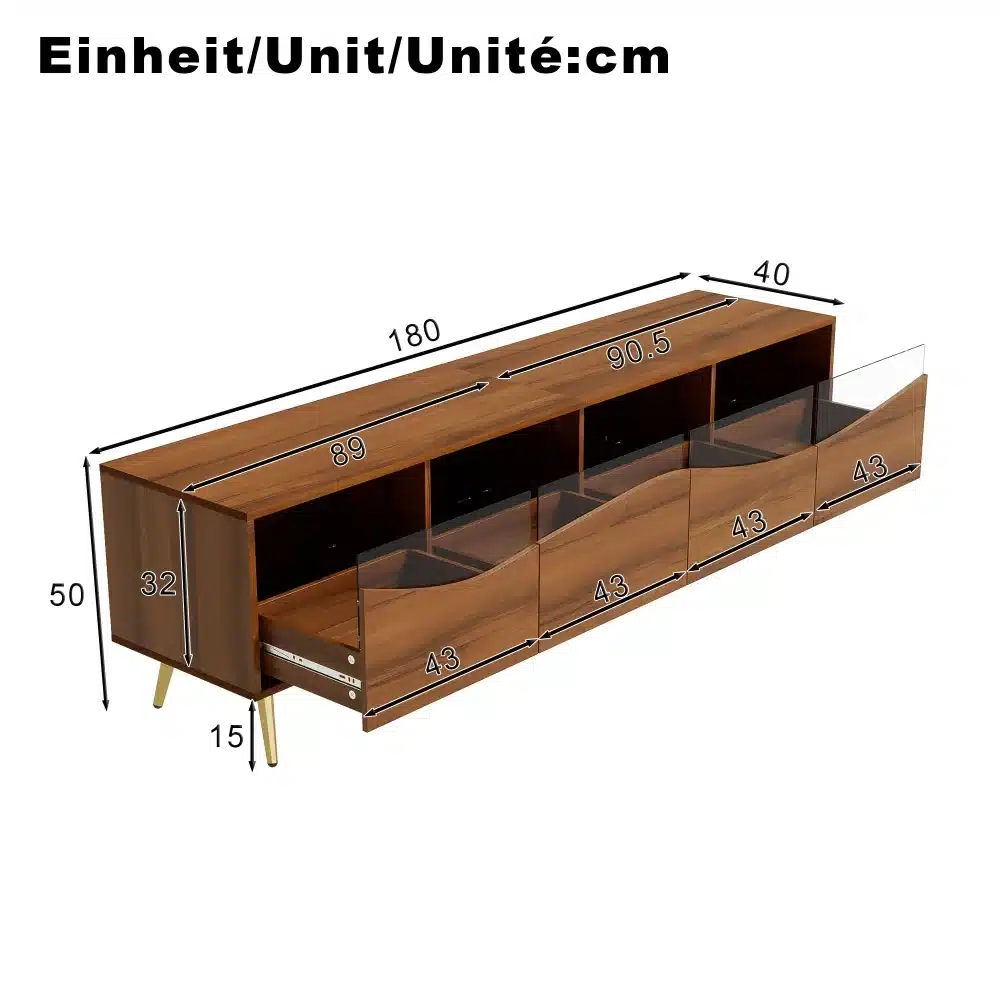 Puidust TV-kapp nelja läbipaistva esipaneeliga sahtliga, mõõdud 180 x 40 x 50 cm