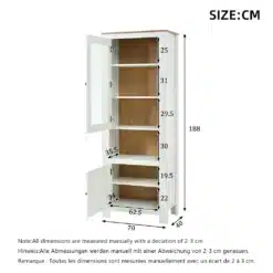 Valge kahe uksega kapp mõõtmetega 188 x 70 x 40 cm, sisemiste riiulitega ja mõõtjoontega