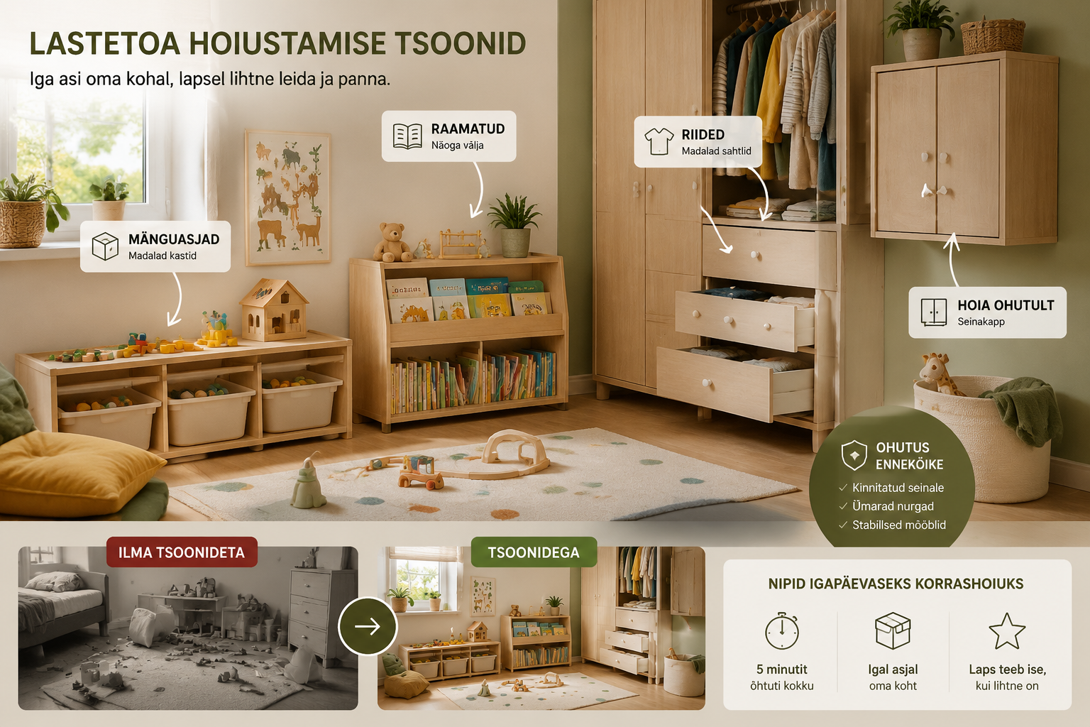 Lastetoa hoiustamise tsoonid madalate kastide ja riiulitega