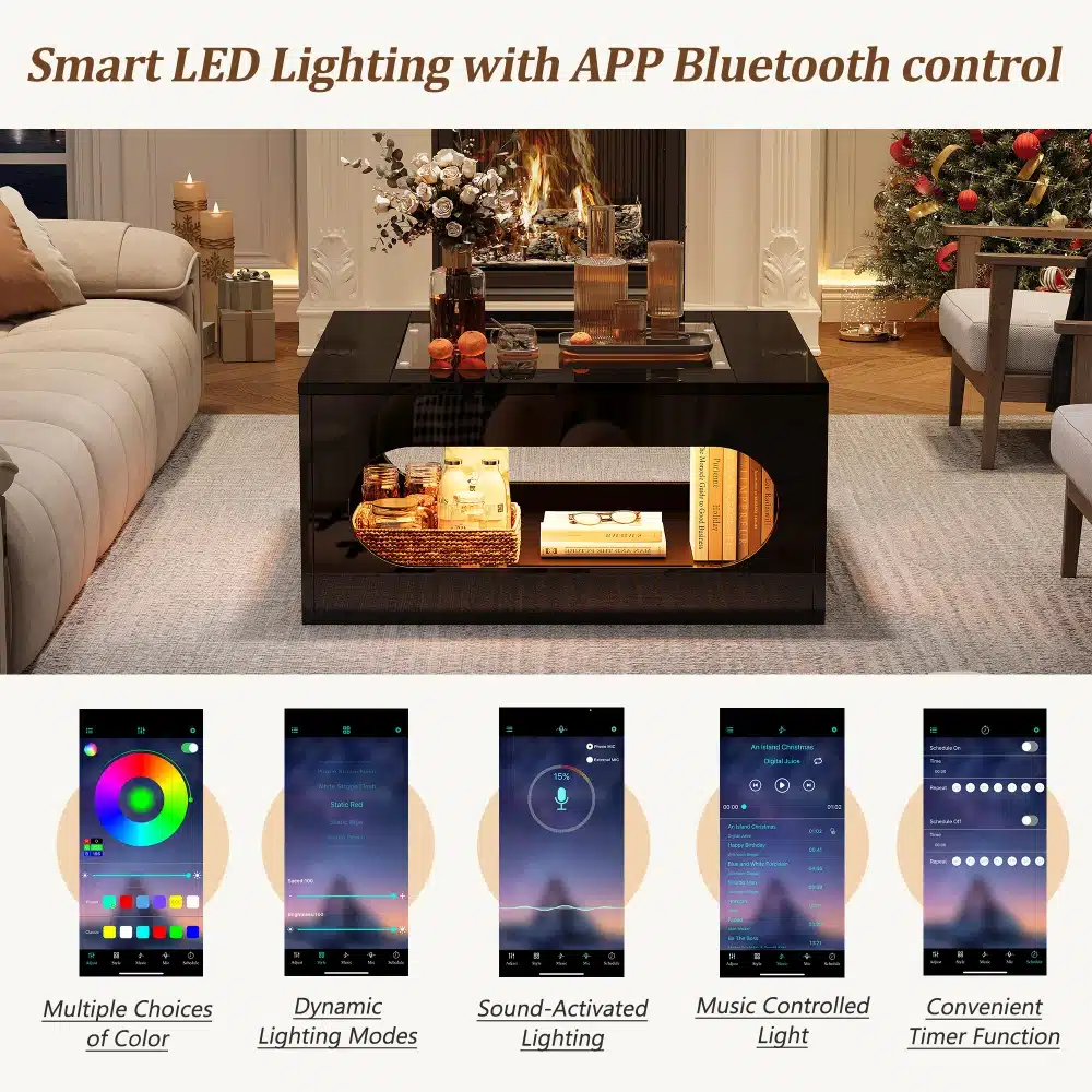 Must LED-kohvilaud sisseehitatud valgustusega ja Bluetooth-rakenduse juhtimisega, elutoa vaates