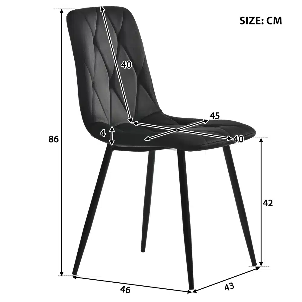 Mustast polsterdatud tool mõõtudega: kõrgus 86 cm, istme kõrgus 42 cm, istme sügavus 40 cm, istme laius 45 cm