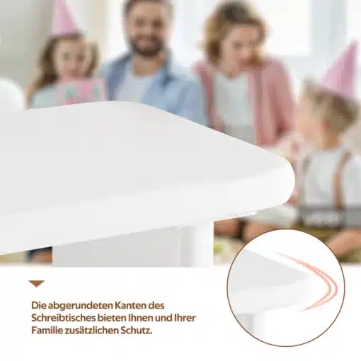 Kirjutuslaud lemmiklooma pesaga, prantsuse stiilis, lakitud | E-pood Tootemaailm Valge kirjutuslaua ümarad servad lähivaates, taustal hägune pere sünnipäevapidustusel
