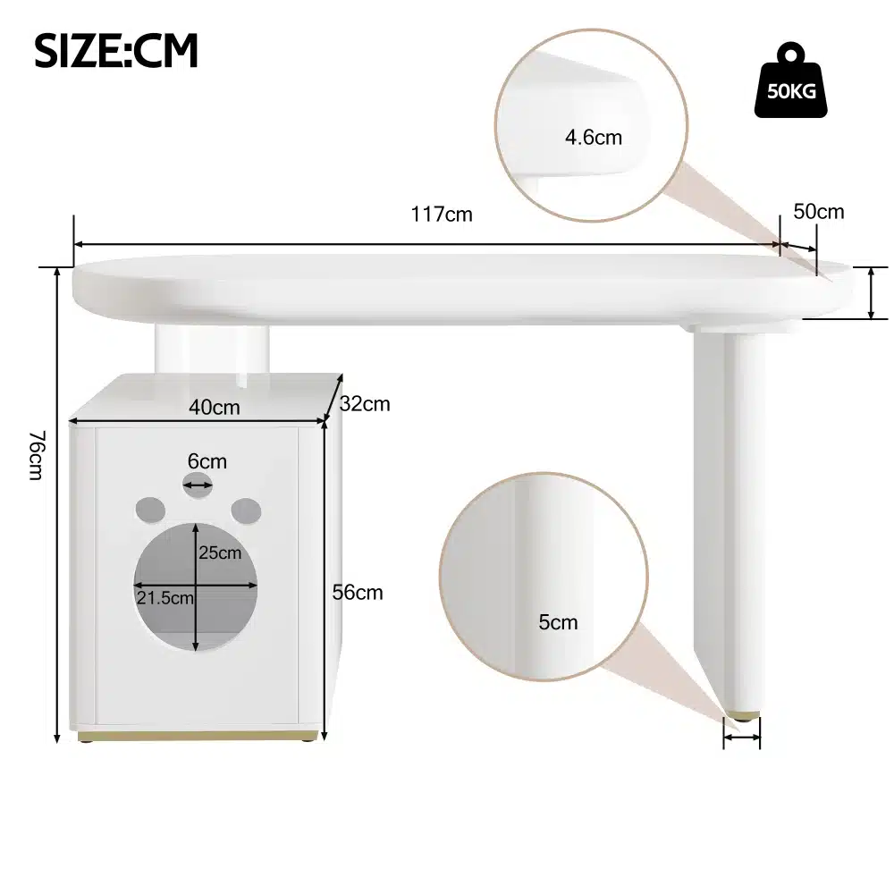 Valge ümmargune kassimaja mõõtudega 117x50 cm, kõrgus 76 cm ja kandvus 50 kg