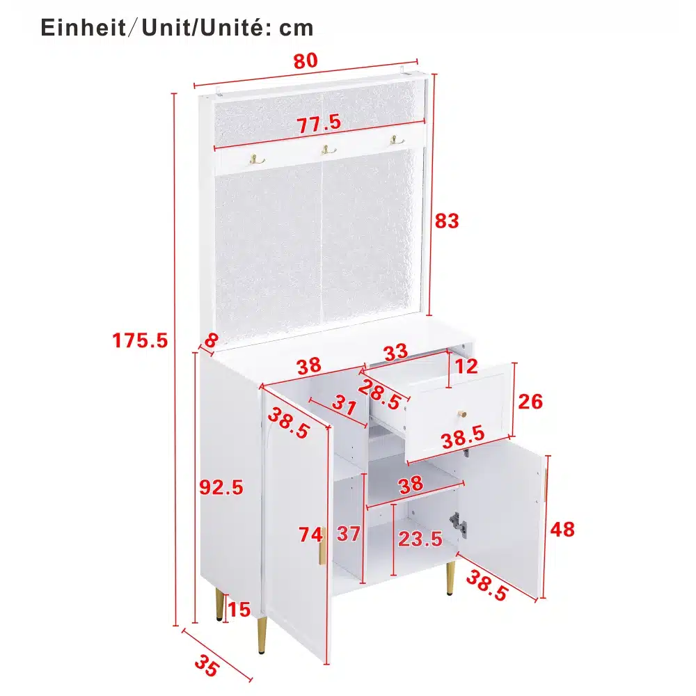 Valge hoiukapp mõõtudega 80 x 35 x 175,5 cm, mitme ukse ja riiuliga