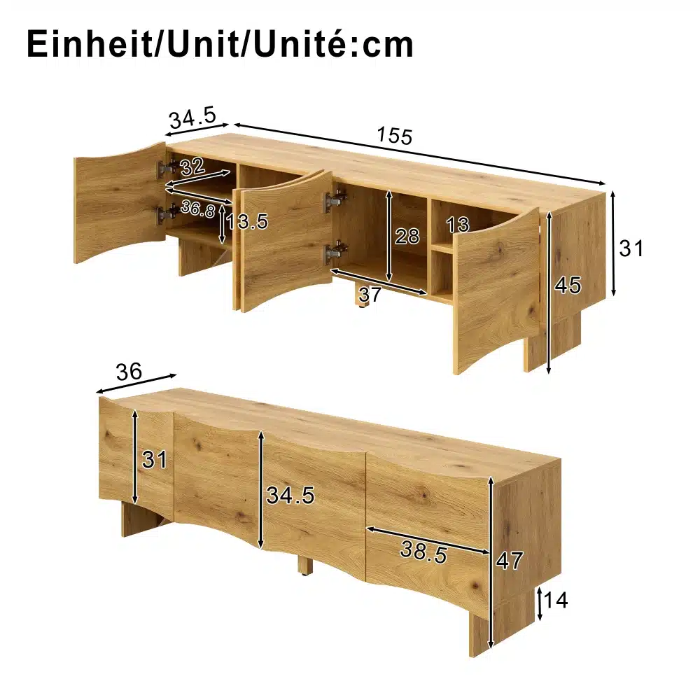 Puidust kapp/sideboard mõõtudega 155 x 34,5 x 31 cm, avatud uste ja sisemiste riiulitega, näidatud mõõtjooned