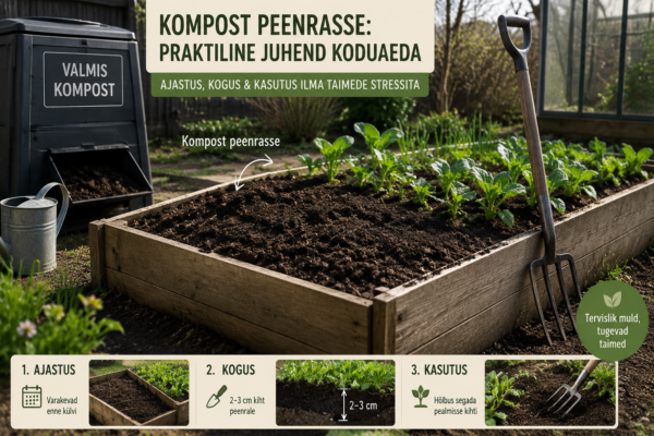 Kompost peenrasse: praktiline juhend koduaeda | E-pood Tootemaailm Valmis kompost köögiviljapeenra kõrval