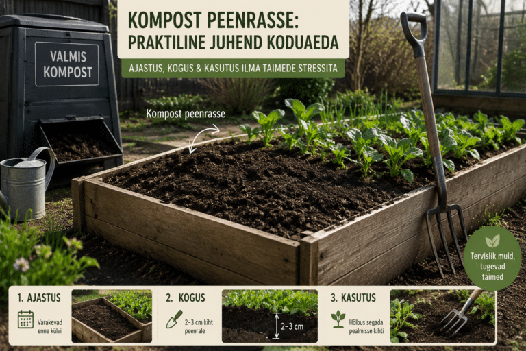 Kompost peenrasse: praktiline juhend koduaeda | E-pood Tootemaailm Valmis kompost köögiviljapeenra kõrval