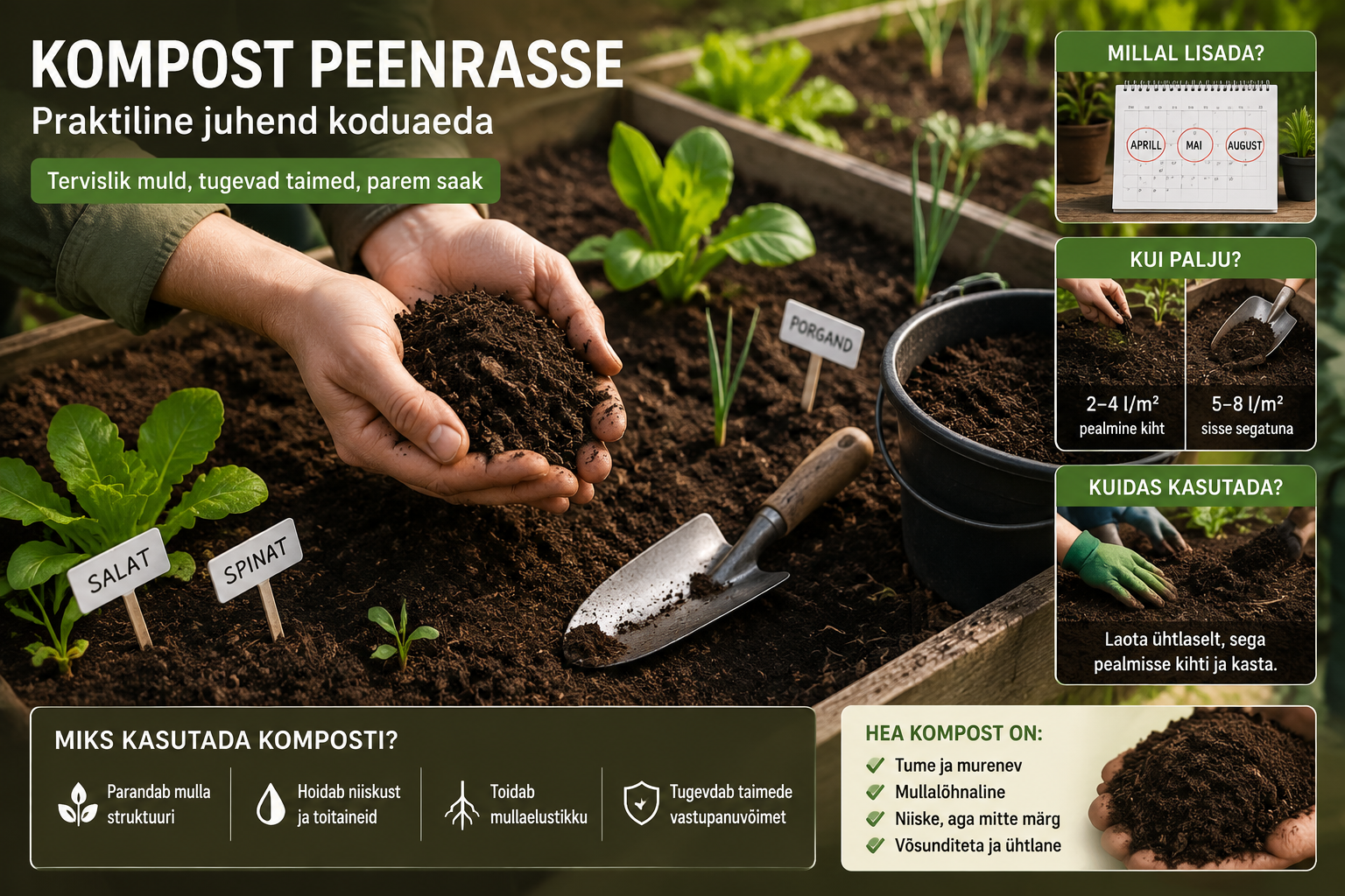 Aednik kontrollib peotäies valmis komposti