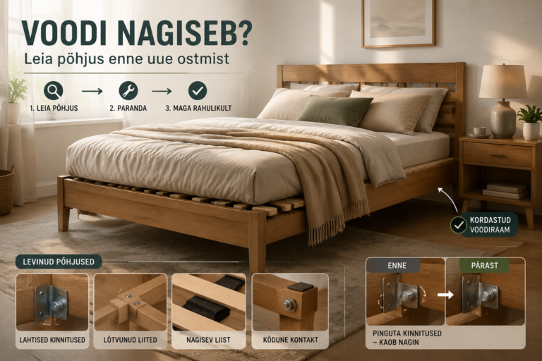 Voodi nagiseb? Leia põhjus enne uue ostmist | E-pood Tootemaailm Rahulik magamistuba puidust voodi ja korrastatud voodiraamiga