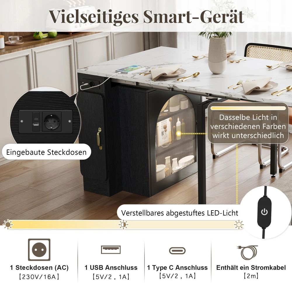 Must pöögist söögilaud sisseehitatud pistikupesade, USB- ja Type-C ühendusega ning reguleeritava LED-valgustusega