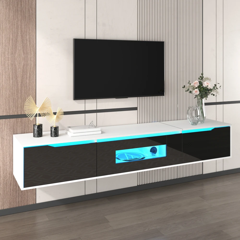 Moodsale must-valge seinariiul sinise LED-valgustusega, seinal televiisori all