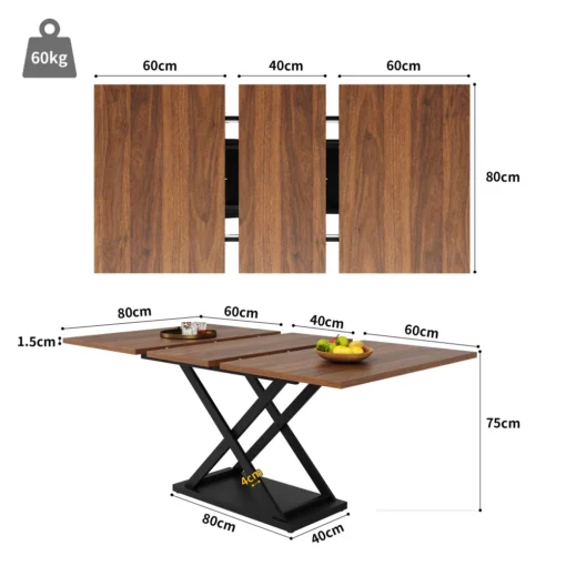 Söögilaud 4 velvetist tooliga, modernne 160×80×75 cm komplekt | E-pood Tootemaailm Puiduimitatsiooniga laiendatav söögilaud musta metallraamiga, mõõtudega 60/40/60 x 80 cm ja kõrgus 75 cm