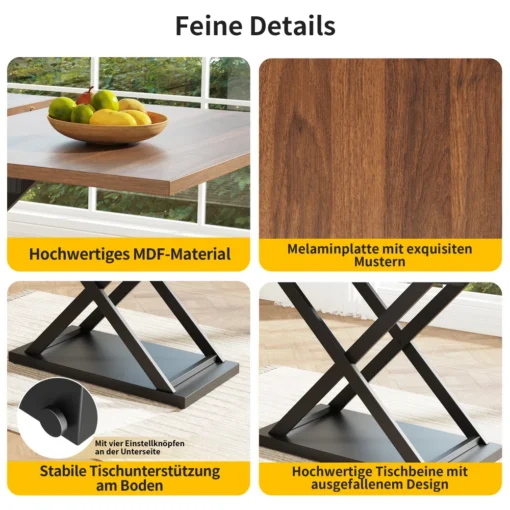 Söögilaud 4 velvetist tooliga, modernne 160×80×75 cm komplekt | E-pood Tootemaailm Nelja detailvaatega pilt laua MDF-plaadist, melamiinpinnast, metallist alusraamist ja X-kujulistest laua jalgadest