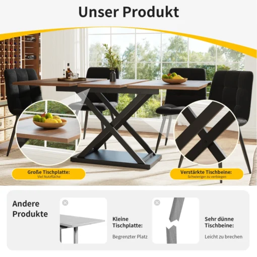 Söögilaud 4 velvetist tooliga, modernne 160×80×75 cm komplekt | E-pood Tootemaailm Moodne söögilaud musta metallist X-jalaga ja puidutooni lauaplaadiga valgusküllases söögitoas