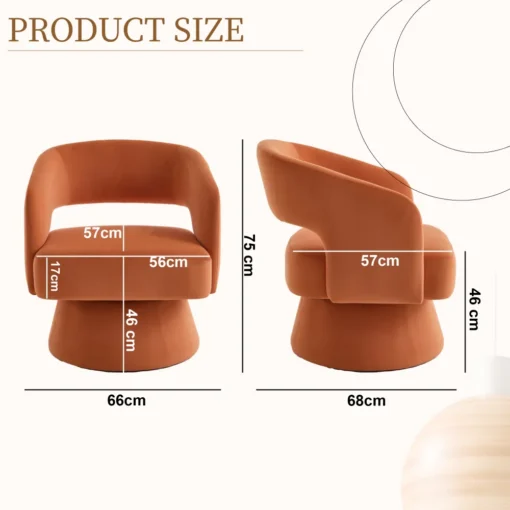 Sametist tugitool pöörlev 360° paksu istmepadjaga | E-pood Tootemaailm Oranžpruuni tooli mõõtude skeem eest- ja külgvaates, märgitud mõõdud 75 cm, 68 cm, 66 cm, 57 cm, 56 cm, 46 cm ja 17 cm