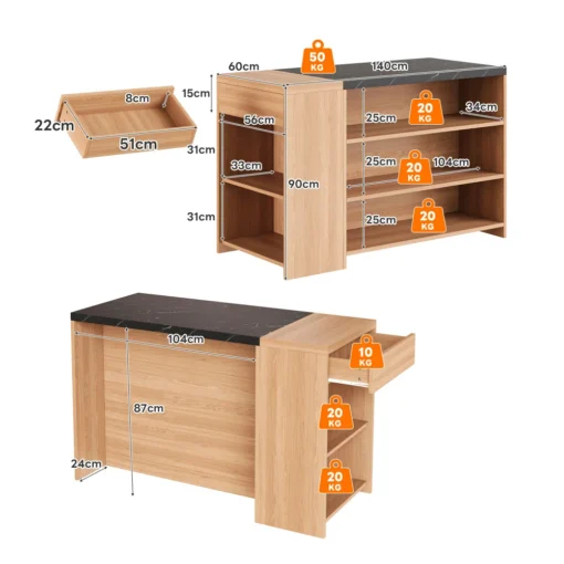 Köögisaar marmorimustriga tööpind ja peidetud sahtlid | E-pood Tootemaailm Puiduvärvi riiulitega laud mõõtudega 140x60x90 cm, sahtli ja hoiuriiulitega, koormustaluvuse märgised