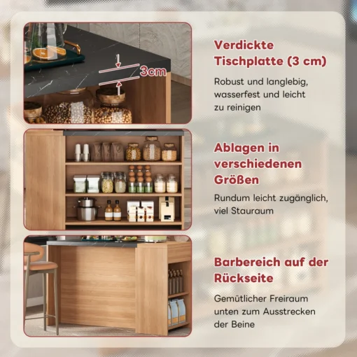 Köögisaar marmorimustriga tööpind ja peidetud sahtlid | E-pood Tootemaailm Puidust köögisaare detailvaade paksu 3 cm tööpinna, riiulite ja tagakülje baarialaga