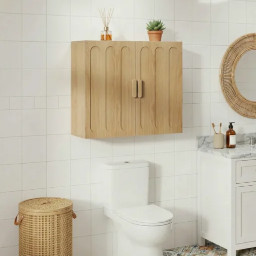 Vannitoa seinakapp reguleeritavate riiulite ja kokkupandava uksega | E-pood Tootemaailm Hele valge vannituba puidust seinakapi, valge WC-poti ja punutud korviga