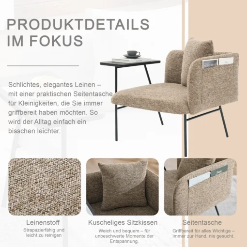 Tugitool ja abilauakomplekt kangast kattega ning metallraamiga | E-pood Tootemaailm Bež riidest tugitool mustade metalljalgadega, küljetasku ja eraldi tekstuurinäidised