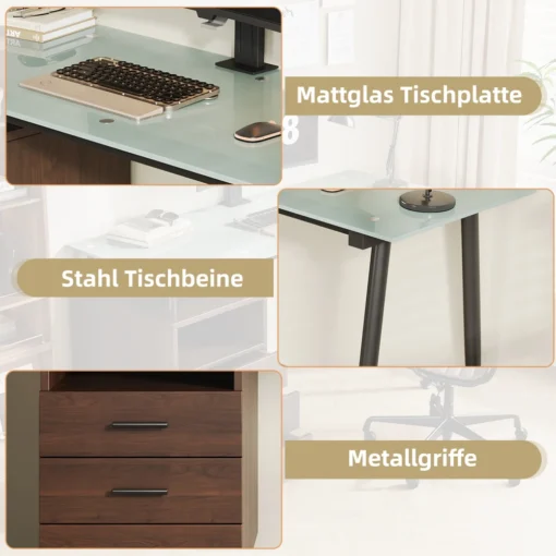 Kirjutuslaud karastatud klaasist plaadi ja kolme sahtliga | E-pood Tootemaailm Kontorilaua detailid: mattklaasist lauaplaat, terasest lauajalad ja metallkäepidemed sahtlitel