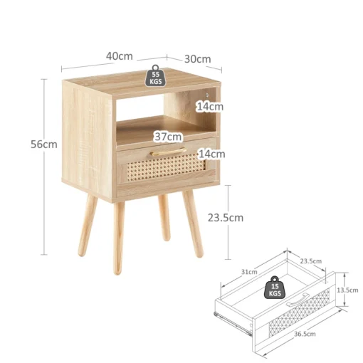 Öökapp rotangpunutise ja sahtliga, täispuidust jalad | E-pood Tootemaailm Puidust öökapp sahtli ja avatud riiuliga, mõõtmed 40 x 30 x 56 cm