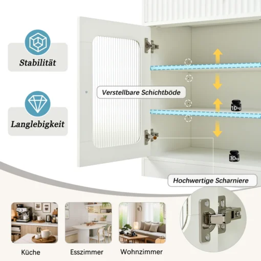 Köögikapp LED valgustusega karastatud klaasist riiulitega | E-pood Tootemaailm Valge kapiuks reguleeritavate riiulitega ja tugevate hingedega, kasutamiseks köögis, söögitoas või elutoas