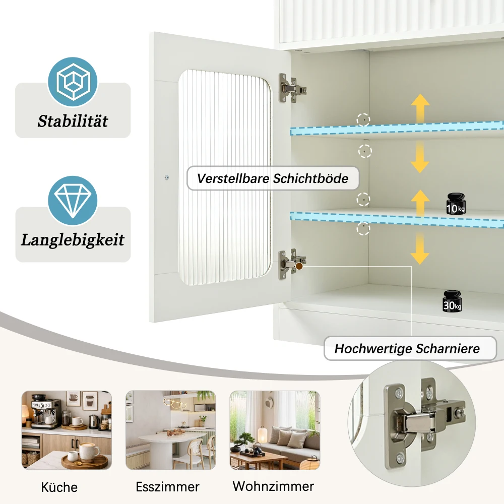 Valge kapp avatava uksega, reguleeritavad riiulid ja kvaliteetsed hinged, illustratsioon stabiilsuse ja vastupidavuse kohta