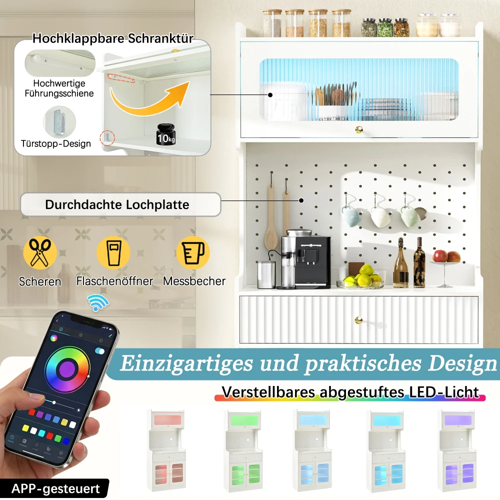 Valge köögikapp LED-valguse ja perforatsioonipaneeliga, pealmisel uksel sinine ribiline detail ning nutitelefoni äpp-valgustuse juhtimise pilt