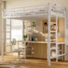 Narivoodi metallraamiga 90x200 cm laua ja riiulitega | E-pood Tootemaailm Valge pööningvoodi integreeritud laua, riiulite ja töötooliga valgusküllases toas