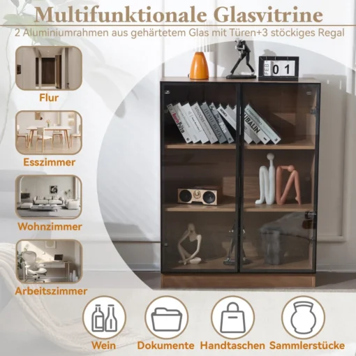 Klaasist vitriinkapp LED valgustusega ja kolme riiuliga | E-pood Tootemaailm Must klaasvitriin kahe klaasukse ja riiulitega, kasutus näidatud erinevates ruumides