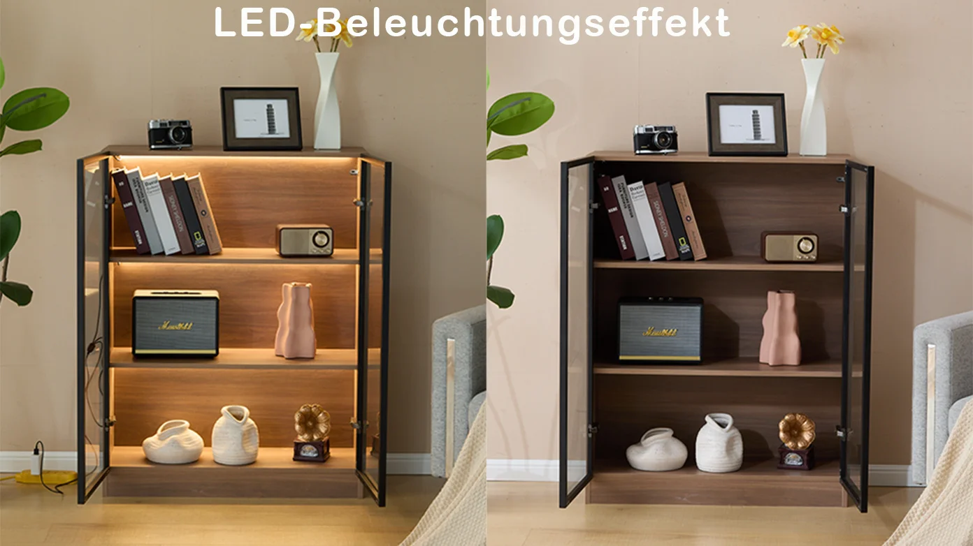 LED-valgustusega riiul kapp avatud ustega, ühel pildil soe valgus sees
