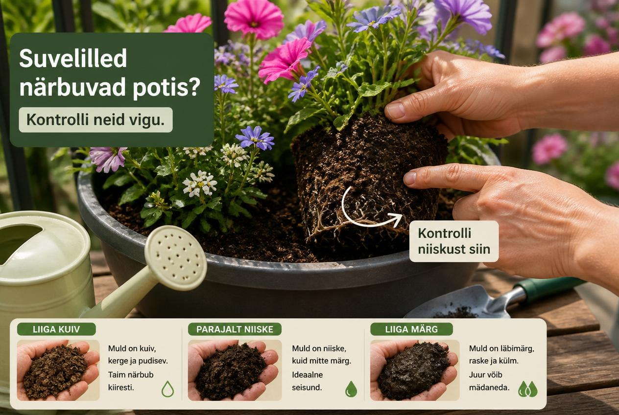 Suvelillede juurepalli ja mulla niiskuse kontroll potis