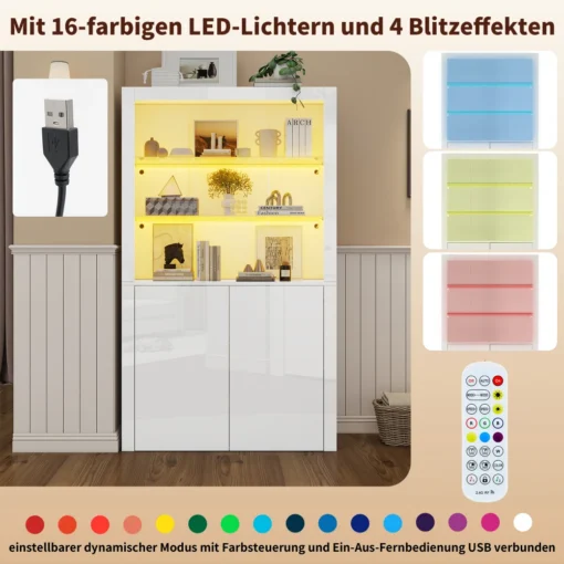 Vitriinkapp 100 x 35 x 170 cm LED valgustusega kõrgläikega | E-pood Tootemaailm Valge vitriinkapp LED-valgustusega, 16 värvi ja kaugjuhtimispuldiga USB-ühendus