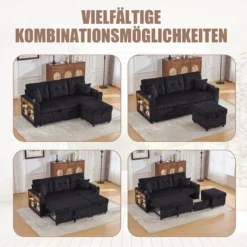 Must mustast mooduldiivanist ja tumbaist mitmes paigutuses elutoas