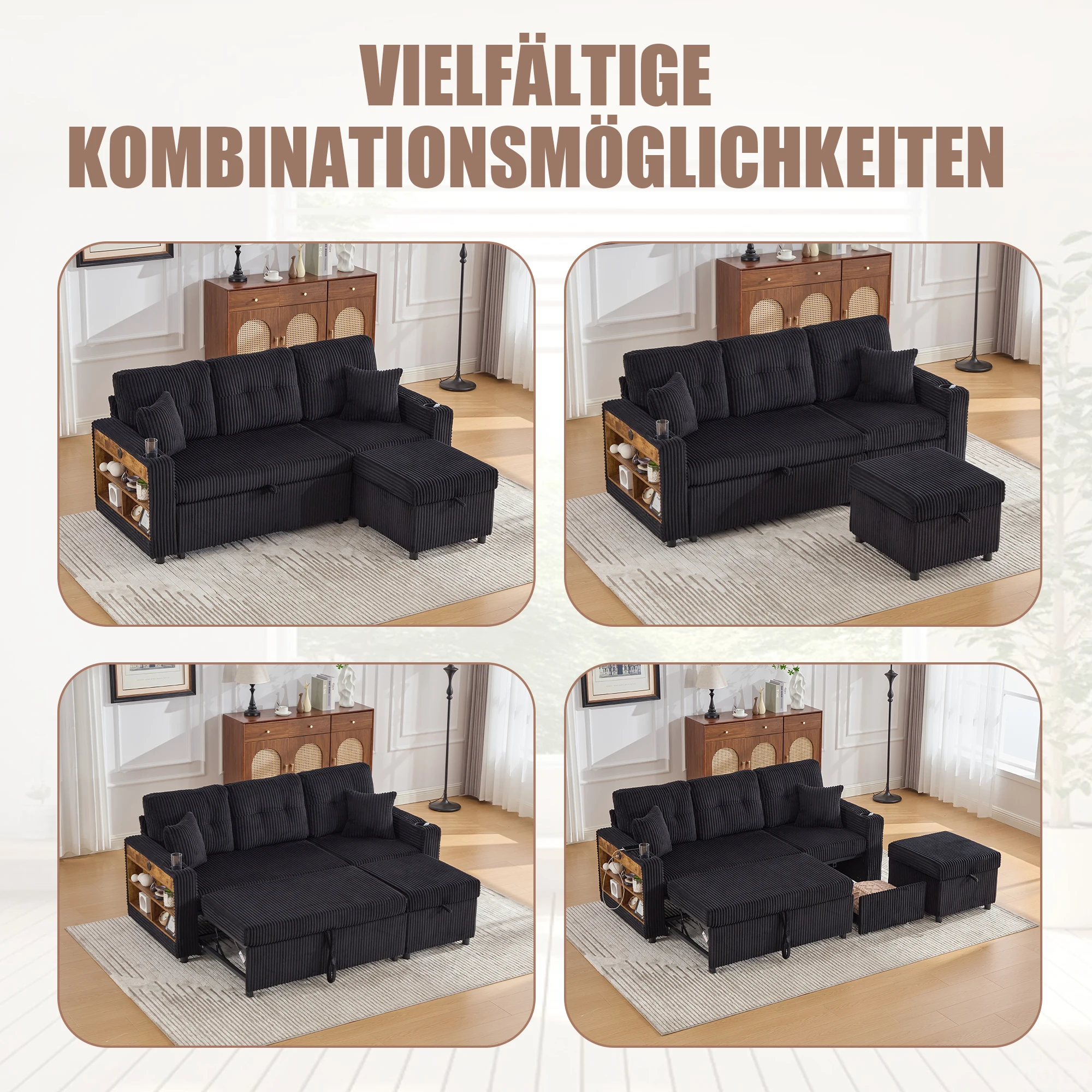 Must mustast mooduldiivanist ja tumbaist mitmes paigutuses elutoas