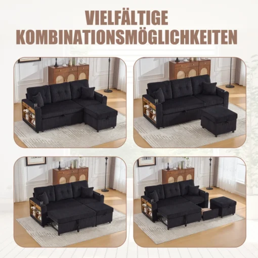 Lahtikäiv diivanvoodi panipaiga ja LED-valgustusega | E-pood Tootemaailm Must diivanvoodi mitmes koosluses, sh tumba ja pikendatud istumisosa, elutoas