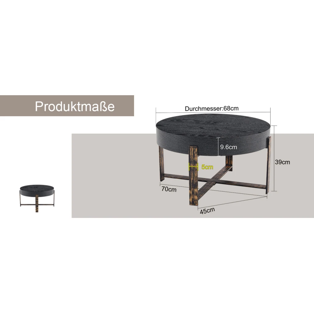 Ümmargune must kohvilaud mõõtudega 68 cm läbimõõt, 39 cm kõrgus ja 45 cm sügavus