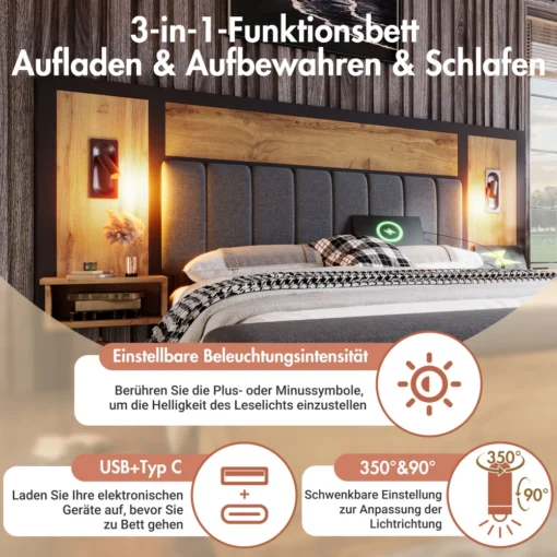 Ilus polsterdatud voodi 180x200 LEDi ja USB-C pesaga | E-pood Tootemaailm Kaasaegne funktsionaalne voodi peatsivalgustuse ja USB-C laadimisvõimalusega